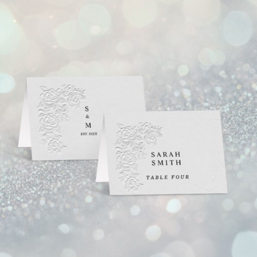 Carte de table de mariage Faux Embossed White Rose