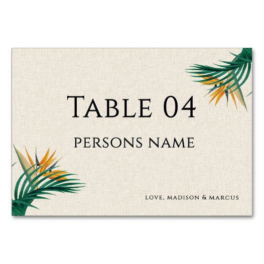 Carte de table de mariage Fleurs Tropicales Élégan (Devant)