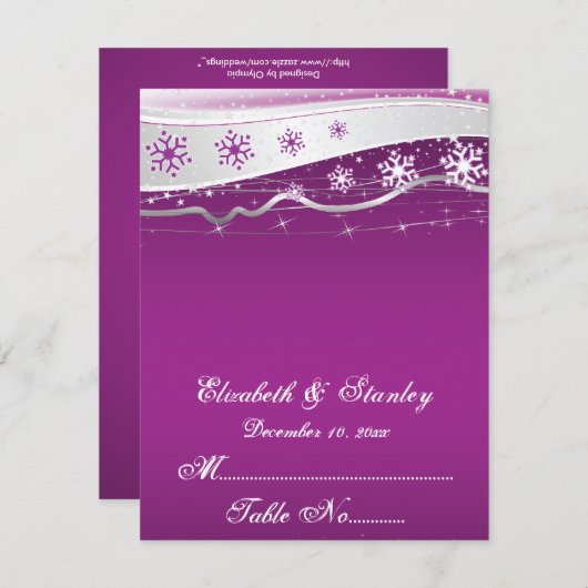 Carte de table de mariage flocon de neige violet,  (Devant / Derrière)