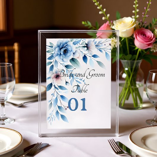 Carte de table de mariage florale bleue élégante