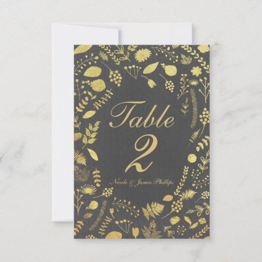Carte de table de mariage florale grise et or (Devant)