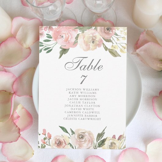 Carte de table de mariage florale rose pâle élégan