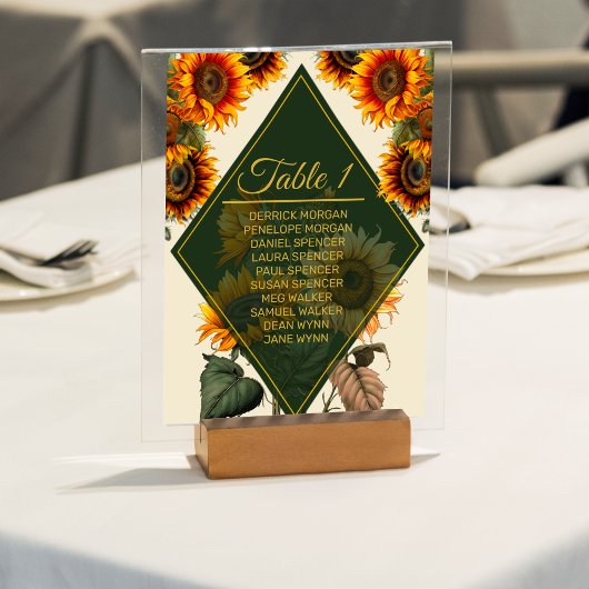 Carte de table de mariage tournesol forêt verte et