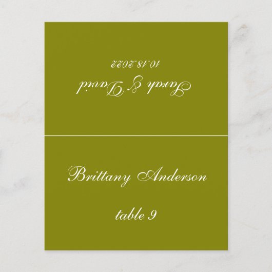 Carte de table de mariage vert olive imprimée avec (Devant)