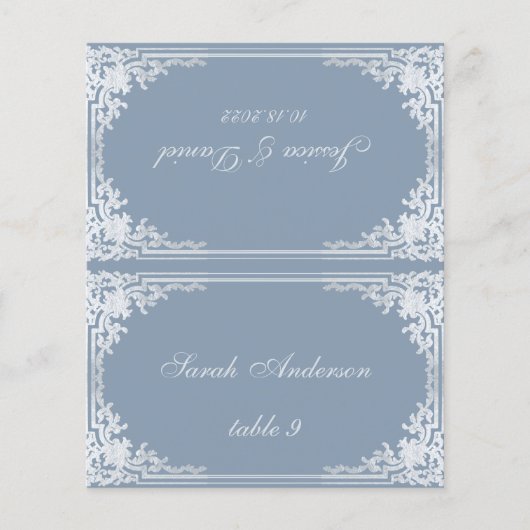 Carte de table de mariage vintage bleu poussiéreux (Devant)