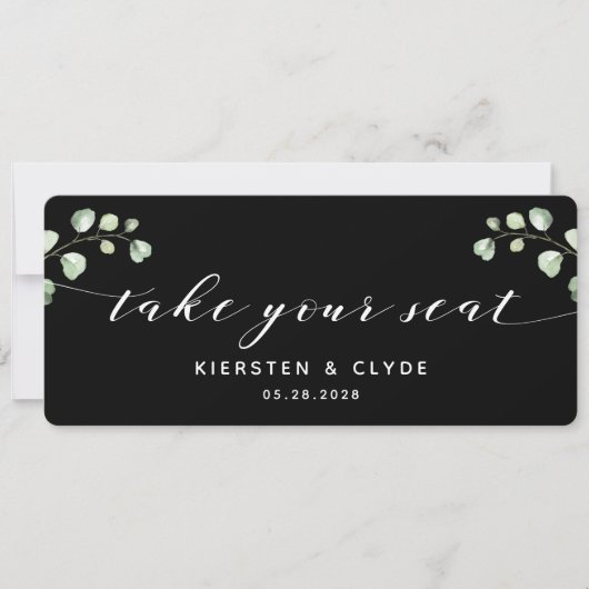 Carte de table en calligraphie blanche et verdure (Devant)