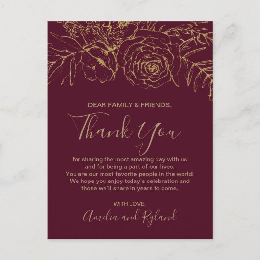 Carte de table en Merci doré et bordeaux floral (Devant)