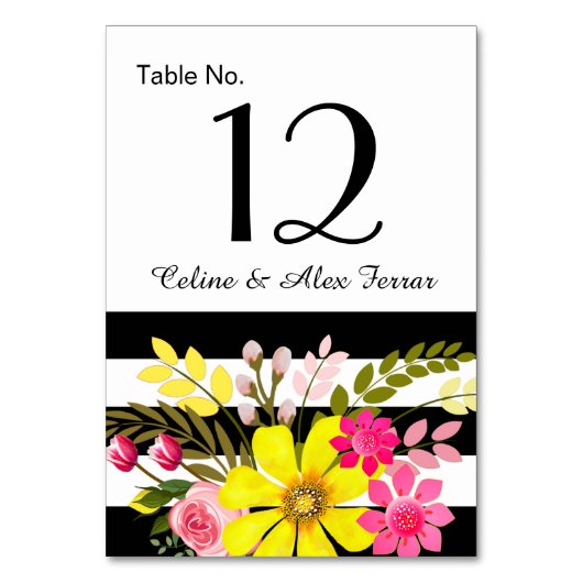 Carte de table Fleurs rayées noir et blanc | jaune (Dos)