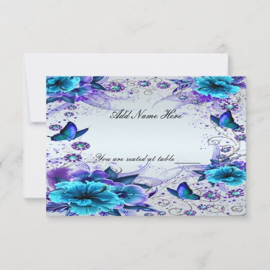 Carte de table florale bleue et papillon (Devant)