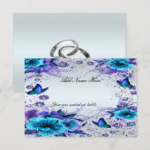 Carte de table florale bleue et papillon (Devant / Derrière)