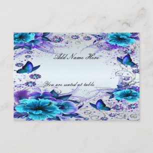 Carte de table florale bleue et papillon