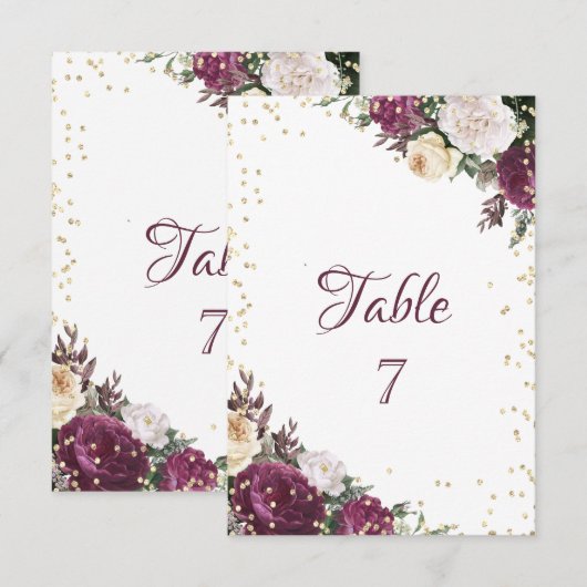 Carte de table florale bordeaux diamants or (Devant / Derrière)
