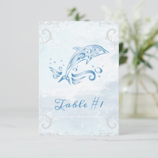 Carte de table Mariage Dolphin bleu (Debout devant)