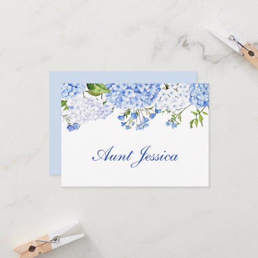 Carte de table plate à l'hortensia bleu (Devant/Arrière en situation)