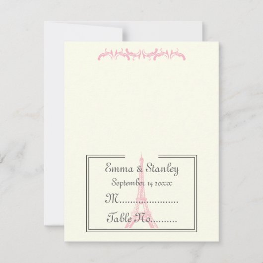 Carte de table tour Eiffel rose mariage de Paris i (Devant)