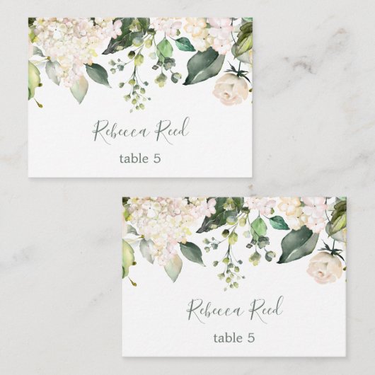 Carte de table verte, hydrangée crème et rose (Devant / Derrière)