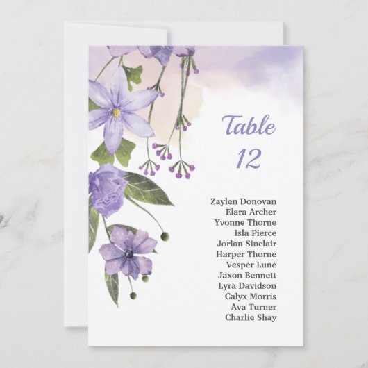 Carte de tableau de Mariage à fleurs violettes (Devant)