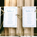 Carte de tableau de siège bleu clair tirée à la ma<br><div class="desc">Enchanter des cartes graphiques personnalisées avec des numéros de table! Chaque carte est ornée d'un cadre bleu clair dessiné à la main et fantaisiste sur un arrière - plan blanc immaculé, orné d'une "table" manuscrite originale et d'une liste de noms personnalisés. Ce qui rend ces cartes vraiment magiques est leur...</div>