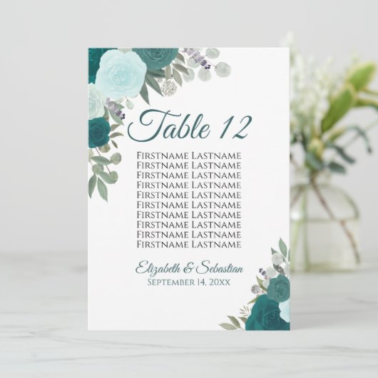 Carte de tableau Mariage Rose turquoise Grande car (Debout devant)