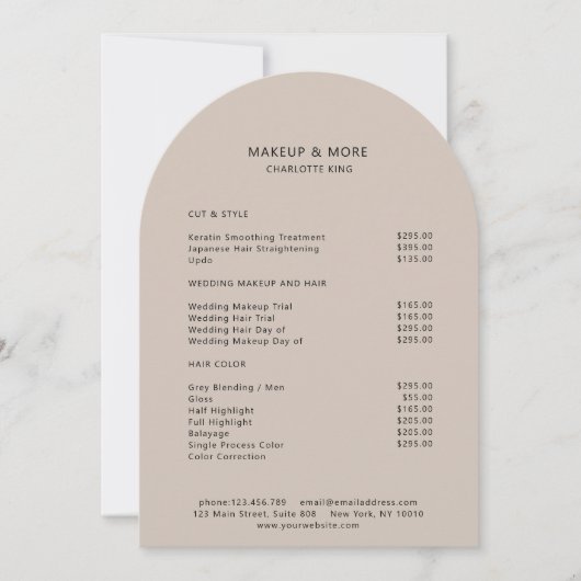Carte de tarification de salon beige-marron minima (Devant)