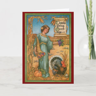 Carte de Thanksgiving vintage femme et dinde