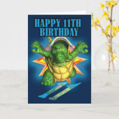 Carte de tortue 11e anniversaire, Joyeux 11e anniv (Fleur jaune)