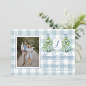 Carte de vacances à carreaux bleus en gingham (Debout devant)