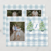 Carte de vacances à carreaux bleus en gingham (Devant / Derrière)