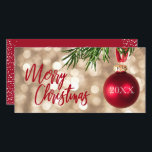 Carte de vacances à plat Arbre de Noël Rouge<br><div class="desc">Un ornement d'arbre de Noël rouge contre les lumières dorées floues et Joyeux Noël en lettrage chic sur le devant avec votre salutation personnelle de vacances est à l'arrière. Sélectionnez Matte pour le papier le plus lourd et la haute définition pour une meilleure qualité d'impression.</div>