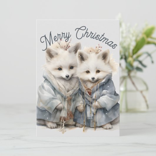 Carte de vacances adorable de renards arctiques (Debout devant)