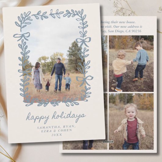 Carte de vacances Blue Bow Botanical Happy Holiday