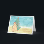 Carte de vacances Bonnes Fêtes Beach Snowman<br><div class="desc">Voici une carte mignonne pour envoyer des "voeux chauds" à votre famille et vos amis pendant les vacances. Il y a un mignon bonhomme de neige (en sable) sur la plage avec un sapin de Noël surmonté d'étoiles de mer derrière lui. Très mignon pour une carte "SEASon's greeting".</div>