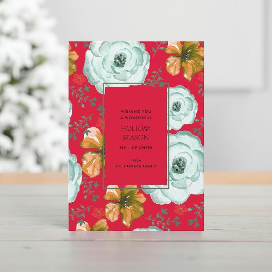 Carte de vacances Botanique Rouge Floral Rose