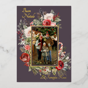 Carte de vacances Buon Natale Photo Floral Foil