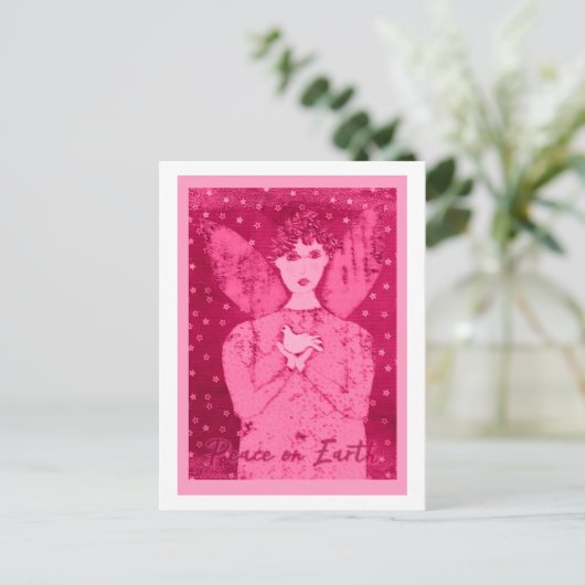 Carte de vacances d'ange primitif rose avec une co (Debout devant)