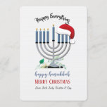 Carte de vacances de casquette de Menorah et de<br><div class="desc">Une carte de vacances de Hanoukka-Noël qui comporte un menorah et le casquette de Père Noël. Perfectionnez pour la foule "de saison des vacances". (Conçu par Rawpixel.com). (Conçu par Freepik). (Conçu par Freepik). Il est facile customiser la carte avec vos mots, police et couleur de policePas exactement que recherchez-vous ?...</div>