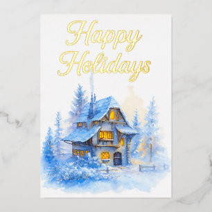 Carte de vacances de cottage d'hiver Scène enneigé