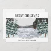 Carte de vacances de Noël aux pins enneigés et lac (Devant / Derrière)