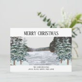 Carte de vacances de Noël aux pins enneigés et lac (Debout devant)