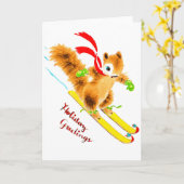 carte de vacances de Noël écureuil de ski (Fleur jaune)