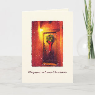 Carte de vacances de Noël enneigée de la porte d'a