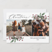 Carte de vacances de Noël Photo de verdure rouge J (Devant)
