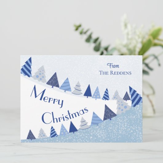 Carte de vacances de Noël plat Whimsical Blue Tree (Debout devant)