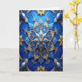 Carte de vacances décorative en bleu et or (Fleur jaune)