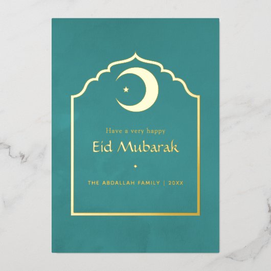 Carte de vacances Eid Mubarak Teal et feuille d'or (Recto)