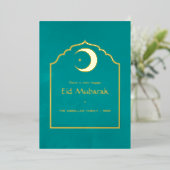 Carte de vacances Eid Mubarak Teal et feuille d'or (Debout devant)