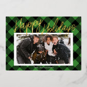 Carte de vacances élégante avec photo Plaid Vert (Recto)