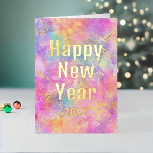 Carte De Vacances En Aluminium Aquarelle Colorée Bonne Année 2027 Or Véritable 