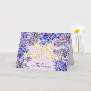Carte De Vacances En Aluminium Aquarelle Purple Lilac Fleurs Mère's Day Gold