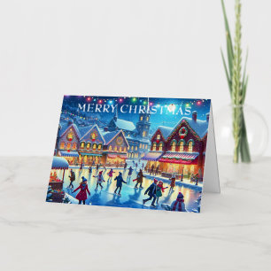 Carte De Vacances En Aluminium Aquarelle Village d'hiver Patineur de glace Noël